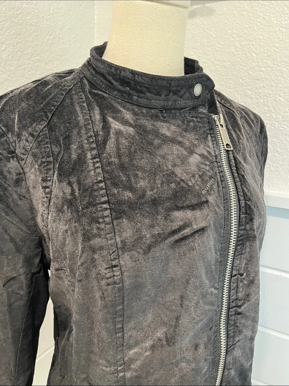 Free People Black Asymmetrical Zip Crushed Velvet-Look Jacket